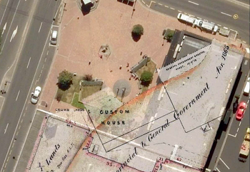 Image overlay of 1863 map SO 14527 showing historic high water mark and 2013 aerial imagery of John Wickliffe Plaza (Exchange Square) Princes Street, Dunedin. Courtesy Huia Pacey, Heritage NZ.