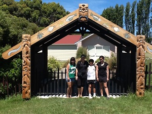 L – R, Riana Pearson, Tania Simpson, Hawaiki Te Ruki and Ariahuia Te Ruki outside Ngāti Moki Marae.