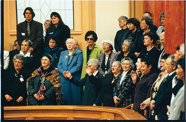 Aunty Jane and others at Parliament during the passing of the Ngāi Tahu Settlement Legislation, 1998. Ref 2013.P.2189