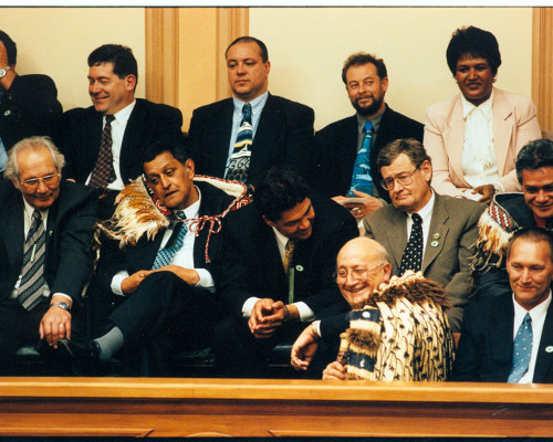 Ngai Tahu whanau in the public gallery during the final reading of the Ngai Tahu Claims Settlement Bill Back row left to right Harry Mikaere John McEnteer Greg Fyffe Terry