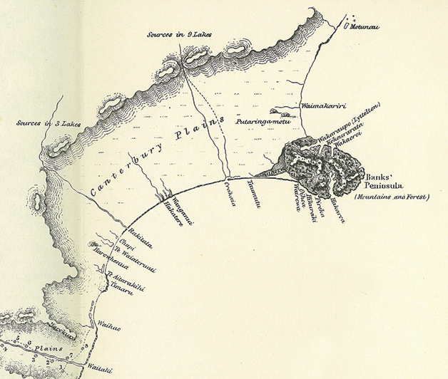 This detail is taken from a map of the South Island which appeared as a frontispiece to Edward Shortland’s book Southern Districts of New Zealand (1851). The map includes detail provided by Tarawhata during his and Shortland’s journey north along the ninety mile beach in 1844.