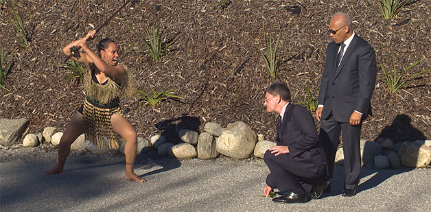 Minister for Treaty of Waitangi Negotiations Chris Finlayson accepts the challenge from Te Amo Tamainu.
