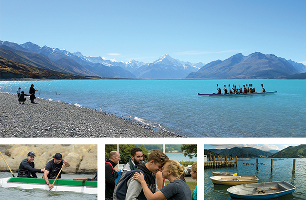 Clockwise from above: Aoraki Bound participants being greeted by kaikaranga on the shores of Lake Pūkaki; Aoraki Bound participants enjoying the traditional wharf jump at Anakiwa; Instructor Rangimārie Mules greeting whānau at March 2016 hākari; Aoraki Bound co-founders Craig Pauling and Iaean Cranwell showing off their waka ama skills.