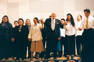 At the hakari at Pipitea Marae following the passing of the Ngāi Tahu Claims Settlement Act 1998.