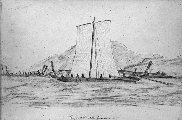 Above: Pencil sketch of single and double hulled canoe. Boultbee, John 1799-1854 : Journal of a rambler with a sketch of his life from 1817 to 1834, including a narrative of 3 years’ residence in New Zealand. Ref: qMS-0257-01. Alexander Turnbull Library, Wellington, New Zealand. http://natlib.govt.nz/records/22782017